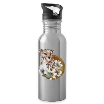 Leopard with gold and flowers - Water bottle with straw - silver - Right