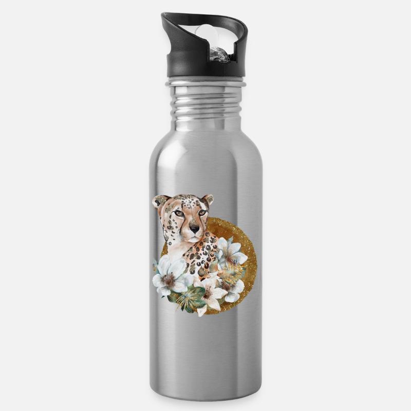 Leopard mit Gold und Blüten - Trinkflasche mit integriertem Trinkhalm - Lightsilver