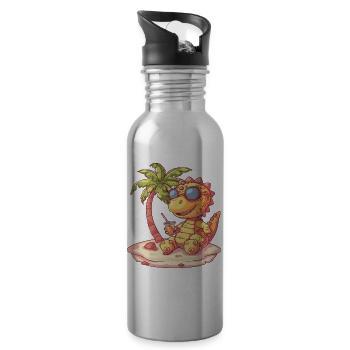 Dinosaur stegosaurus island palm tree - Water bottle with straw - silver - Right