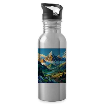 Mountain beauty with trees and a river - Water bottle with straw - silver - Right