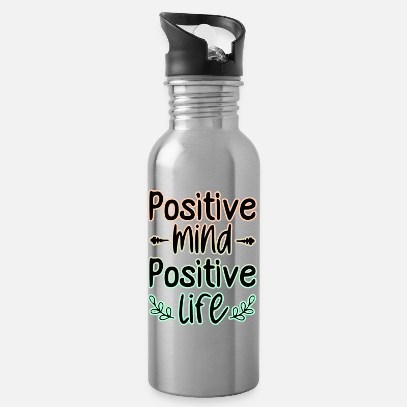 Mentalité Positif 🍀 - Gourde avec paille intégrée - argent clair