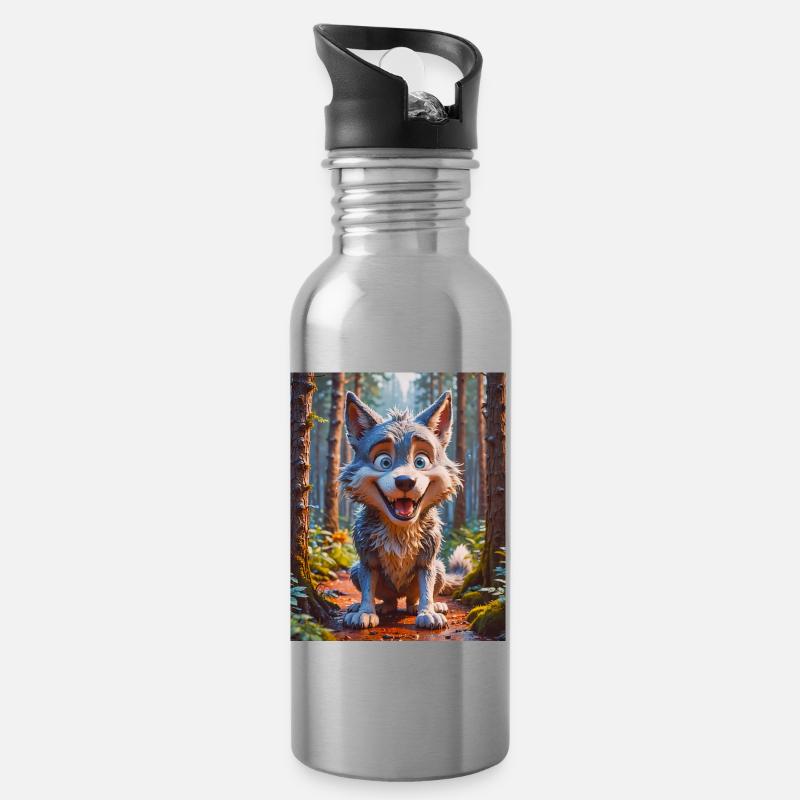 Super süße Tiere im Wald – Wolf - Trinkflasche mit integriertem Trinkhalm - Lightsilver