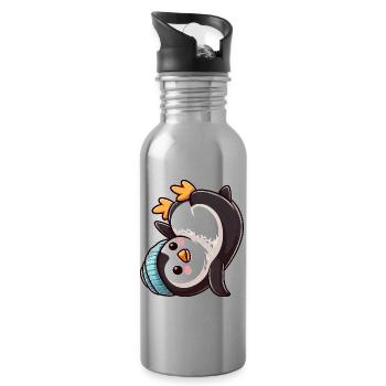 Penguin Headstand Chibi Cartoon Breakdance - Water bottle with straw - silver - Right