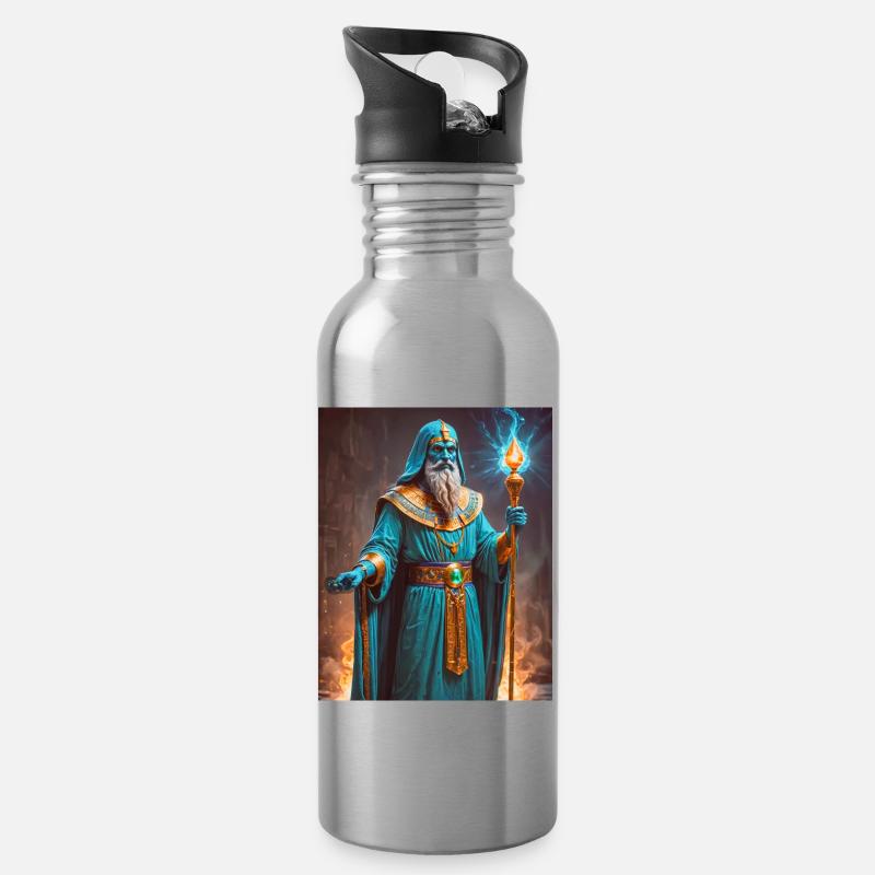 Ptah, blue-skinned god, holding a scepter - Water bottle with straw - silver