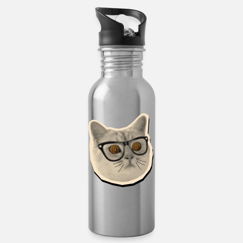 Chat comique avec des lunettes Bitcoin - Gourde avec paille intégrée - argent clair