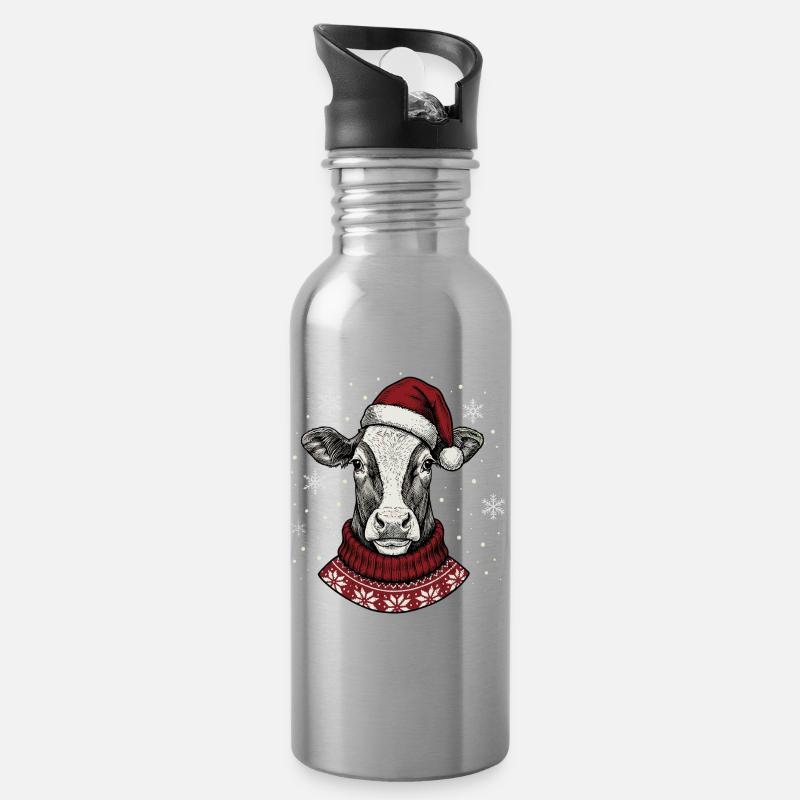 Cadeau de Noël Vache au Bonnet de Noël - Gourde avec paille intégrée - argent clair