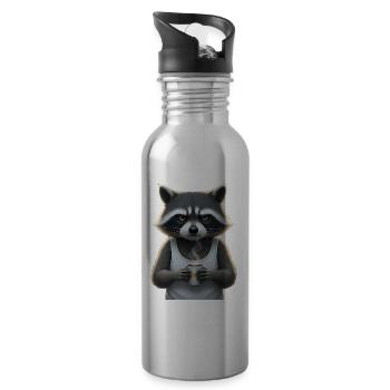 Grim raccoon with coffee cartoon humor - Water bottle with straw - silver - Right
