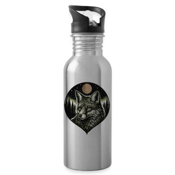 Silent Mind - Fox in Woodcut Style - Water bottle with straw - silver - Right