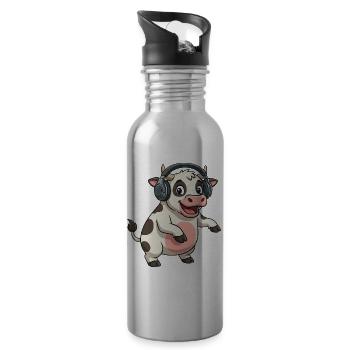 Funny Dancing Cow DJ Techno Party Cartoon - Water bottle with straw - silver - Right