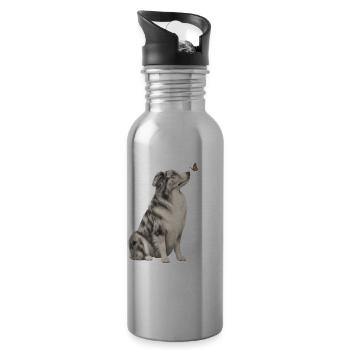 Border Collie avec millésime papillon - Gourde avec paille intégrée - argent clair - Droite