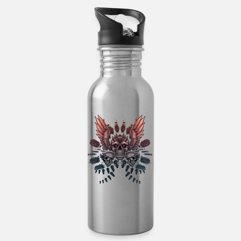 Mechanical Skull + Wings - Water bottle with straw - silver
