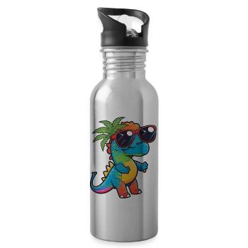 Kawaii Cute Happy Colorful Dino with Sunglasses - Water bottle with straw - silver - Right