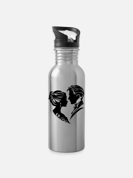 Silhouette de mariage de couple marié - Gourde avec paille intégrée - argent clair