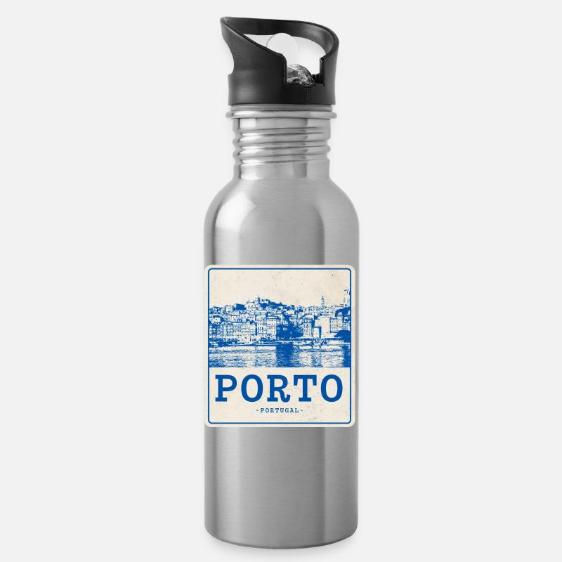 Porto Blau Vintage Skyline - Trinkflasche mit integriertem Trinkhalm - Lightsilver