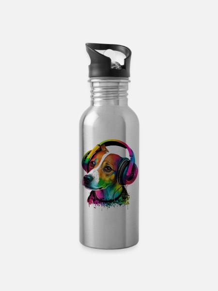 Jack Russell with headphones in bright colors dog - Water bottle with straw - silver