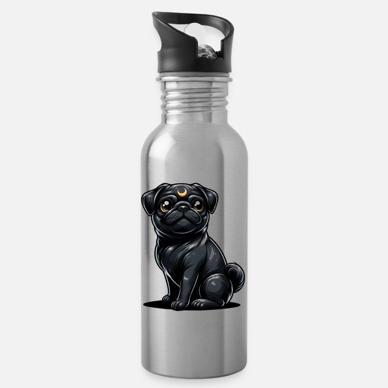 Mondwächter Mops - Trinkflasche mit integriertem Trinkhalm - Lightsilver
