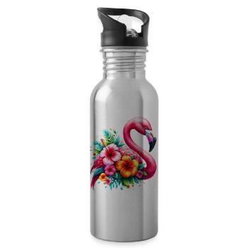 Flamingo decorated with hibiscus flowers - Water bottle with straw - silver - Right