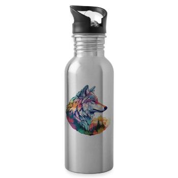 Wolf Wolf's Head Forest Nature Mountains Wilderness Colorful - Water bottle with straw - silver - Right