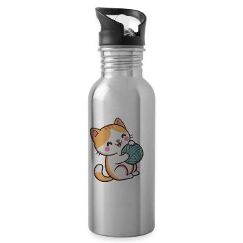 Kuscheliges Kätzchen und blauer Ball - Trinkflasche mit integriertem Trinkhalm - Lightsilver - Rechts