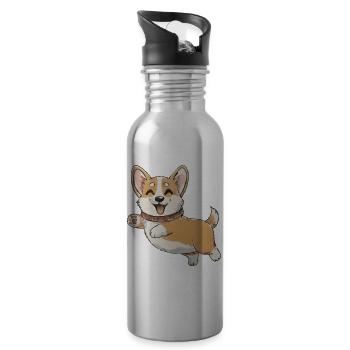 Happy Corgi in Motion - Water bottle with straw - silver - Right