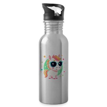Poney arc en ciel avec lunettes - Gourde avec paille intégrée - argent clair - Droite