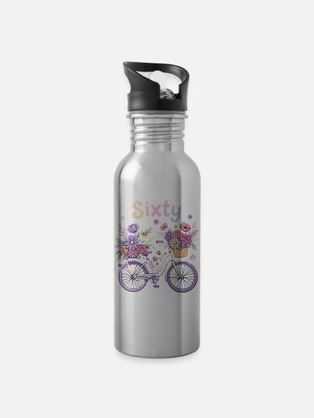 Sixty Floral Bicycle 60th Birthday - Water bottle with straw - silver
