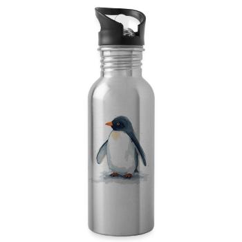 Watercolor penguin in the jump - Water bottle with straw - silver - Right