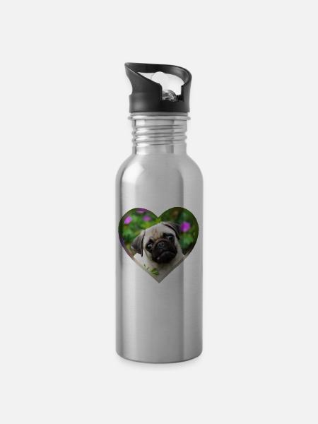 Lustiger Mops Welpe Hund Foto Porträt mit Herz - Trinkflasche mit integriertem Trinkhalm - Lightsilver