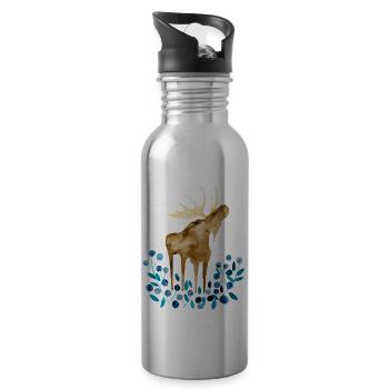Moose, summer, blueberries I Norway souvenir - Water bottle with straw - silver - Right