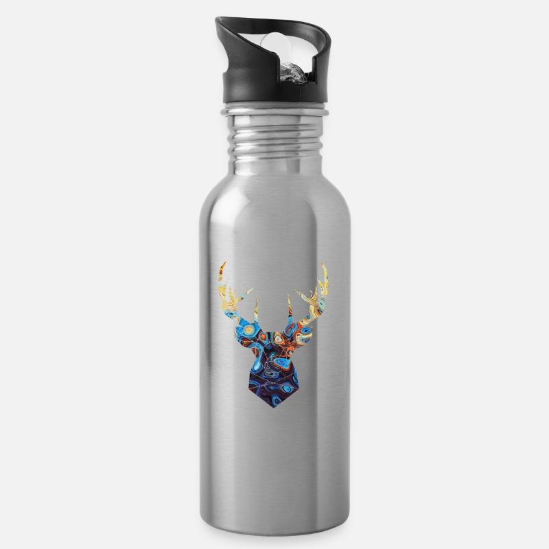 Hirsch Mosaik - Trinkflasche mit integriertem Trinkhalm - Lightsilver
