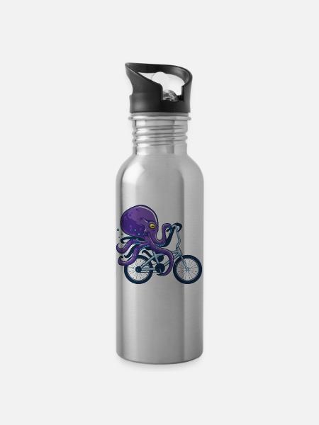 Octopus Riding Bicycle - Gourde avec paille intégrée - argent clair