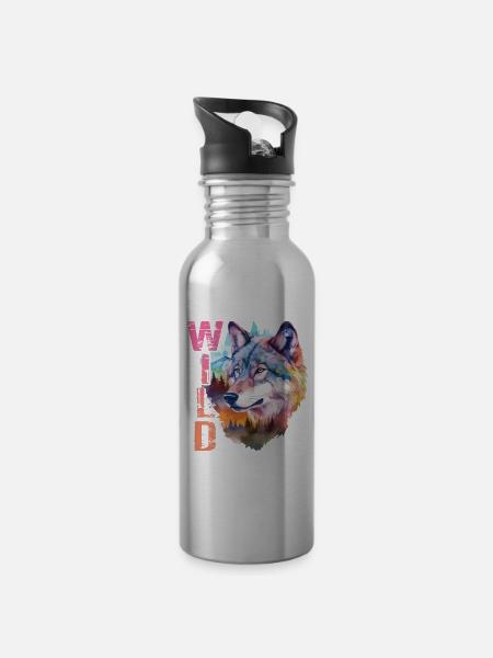 Wolf Wild Wolf Head Nature Wilderness Forest Trees Art - Water bottle with straw - silver