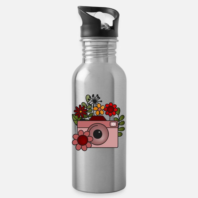 Blumige Kamera - Trinkflasche mit integriertem Trinkhalm - Lightsilver