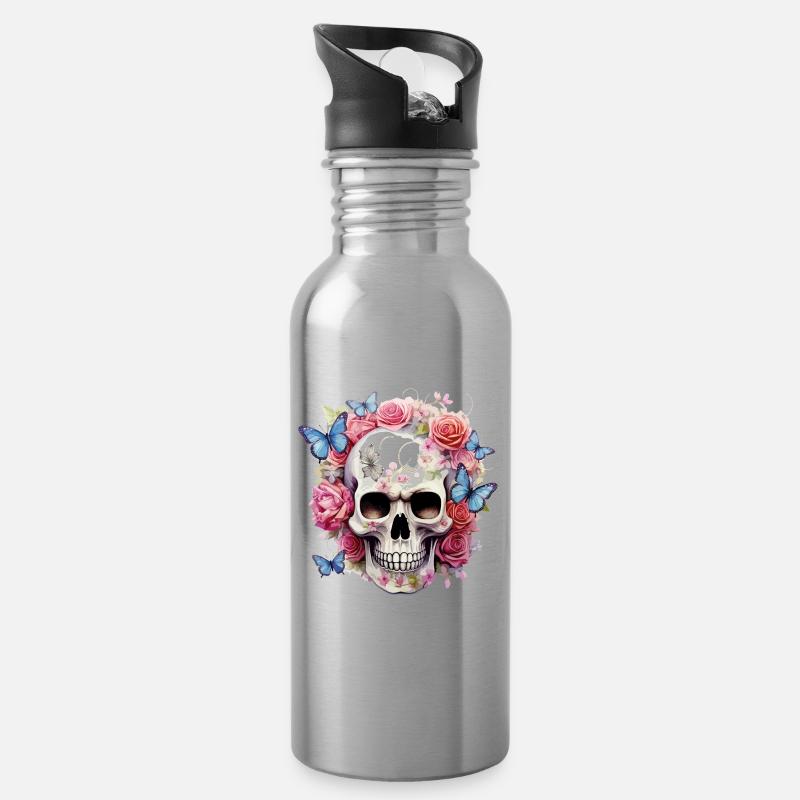 Totenkopf Totenschädel Rosen Blumen Schmetterlinge - Trinkflasche mit integriertem Trinkhalm - Lightsilver