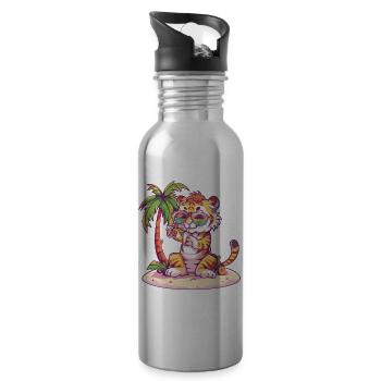 Tiger Summer Beach Vacation - Water bottle with straw - silver - Right