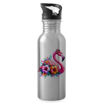 Flamingo decorated with hibiscus flowers - Water bottle with straw - silver - Right