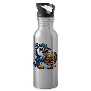 Skurriler Pinguin mit Hamburger lustig Chibi - Trinkflasche mit integriertem Trinkhalm - Lightsilver - Rechts