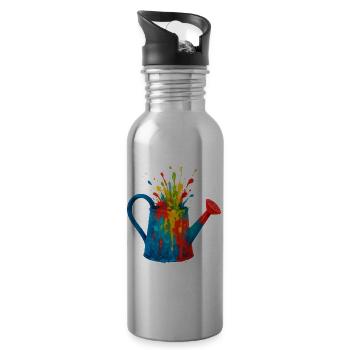 Watering Can Splash Watercolor Painting Gardening - Water bottle with straw - silver - Right