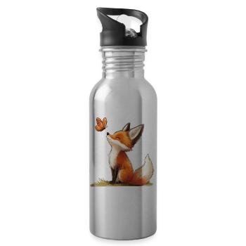 Fox with Butterfly - Water bottle with straw - silver - Right