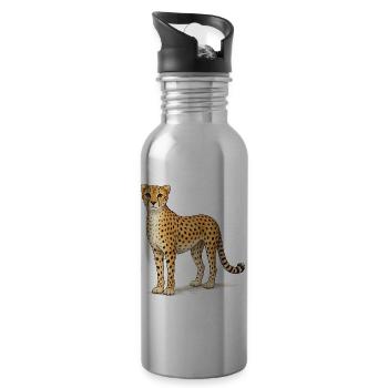 Cheetah Cartoon Illustration - Water bottle with straw - silver - Right