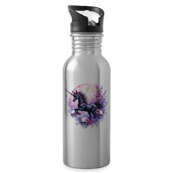 Lunar Unicorn with Skulls and Flowers - Water bottle with straw - silver - Right