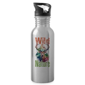 Cerf Nature sauvage Bois Forêt animale Montagnes sauvages - Gourde avec paille intégrée - argent clair - Droite