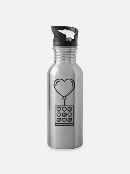 Herzluftballon an Pralinenschachtel - Trinkflasche mit integriertem Trinkhalm - Lightsilver