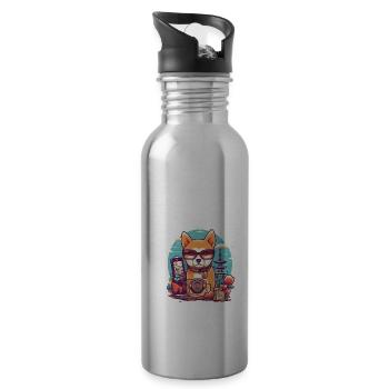 Dog Shiba Inu wearing glasses traveling in Asia - Water bottle with straw - silver - Right
