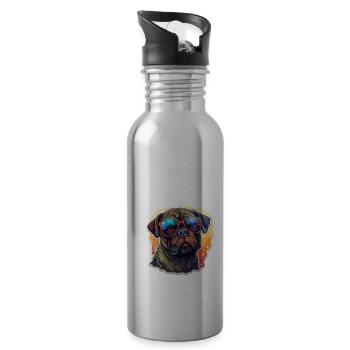 Mops Retro Farben vintage mit Sonnenbrille - Trinkflasche mit integriertem Trinkhalm - Lightsilver - Rechts