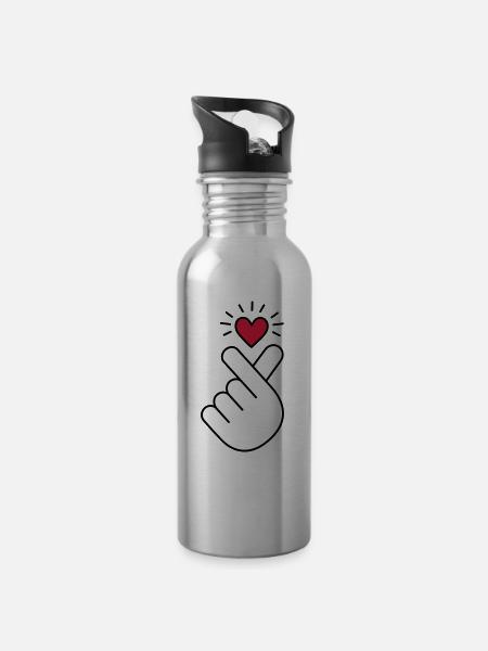 Coeur K-pop, symbole de la musique pop Corée K, doigt, main - Gourde avec paille intégrée - argent clair
