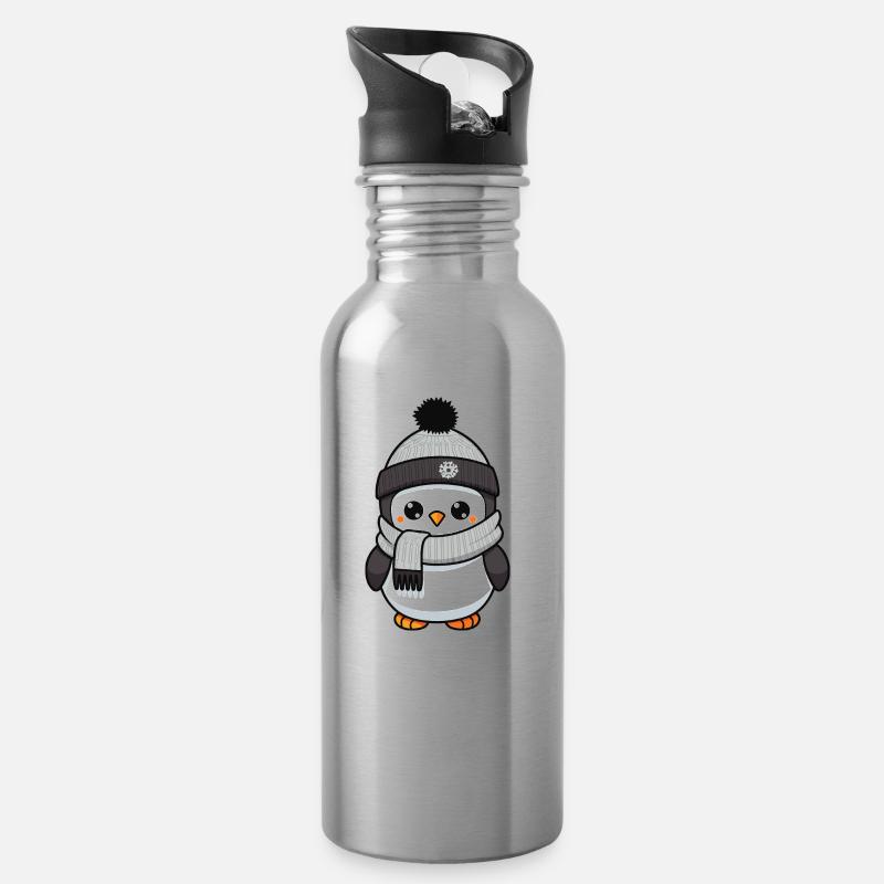 Pinguin Winter Comic - Trinkflasche mit integriertem Trinkhalm - Lightsilver