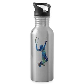 Tennis player serve Blue! Cool, gift, idea - Water bottle with straw - silver - Right