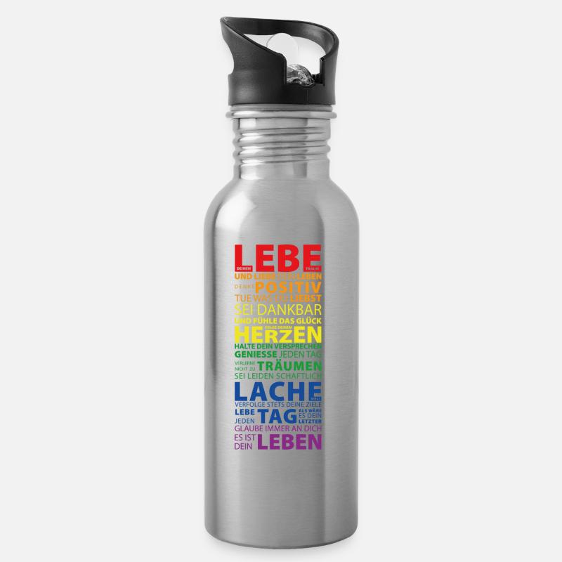 LEBE, LIEBE, LACHE - Trinkflasche mit integriertem Trinkhalm - Lightsilver