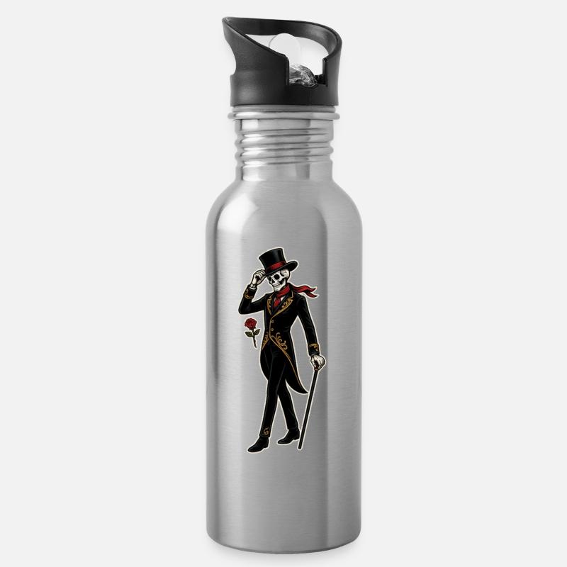 Skelett-Dandy mit Rose im Vintage-Stil - Trinkflasche mit integriertem Trinkhalm - Lightsilver